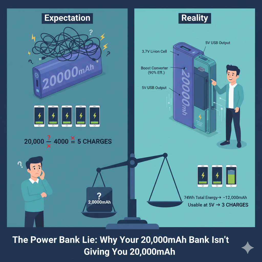 The Power Bank Lie: Why Your 20,000mAh Bank Isn't Giving You 20,000mAh